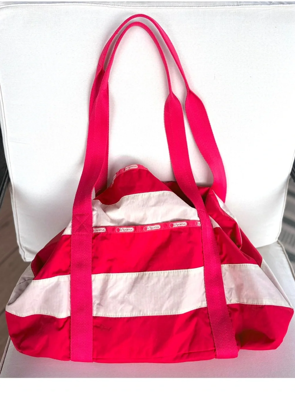LeSportsac Pink Stripe Nylon Tote Bag Hook Top Large Travel Gym Beach